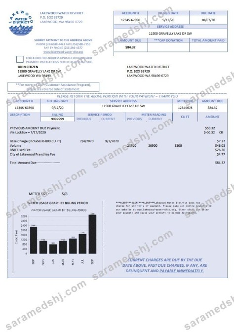 USA Lakewood Water District utility bill template in Word and PDF format